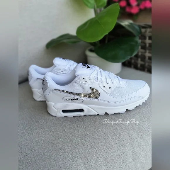 Women's Bling Nike Air Max 90 White Sneakers Shoes made with Swarovski C… - Picture 5 of 5